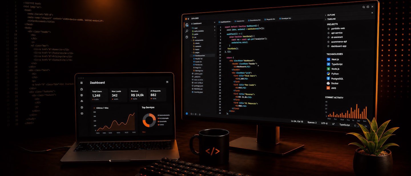 A laptop and monitor displaying software code and business dashboards.